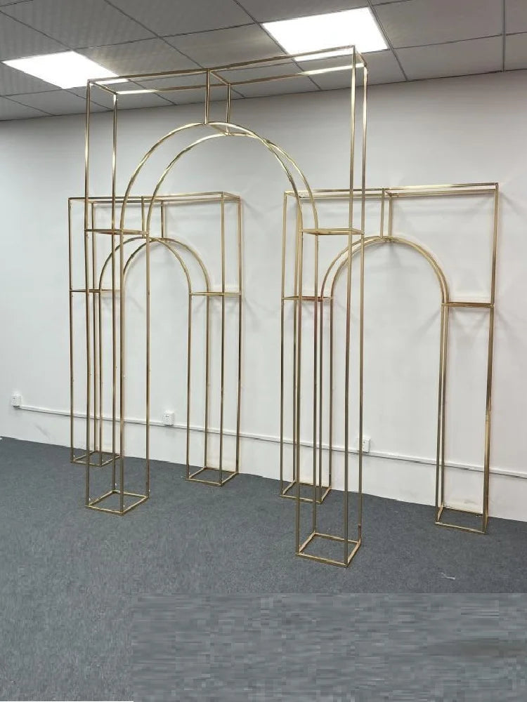 Shiny Gold Double Arch Artificial Flower Display Stand, Wedding Stage, Welcome Aisle, Door Backdrops, Birthday Balloons Rack - Afford Today