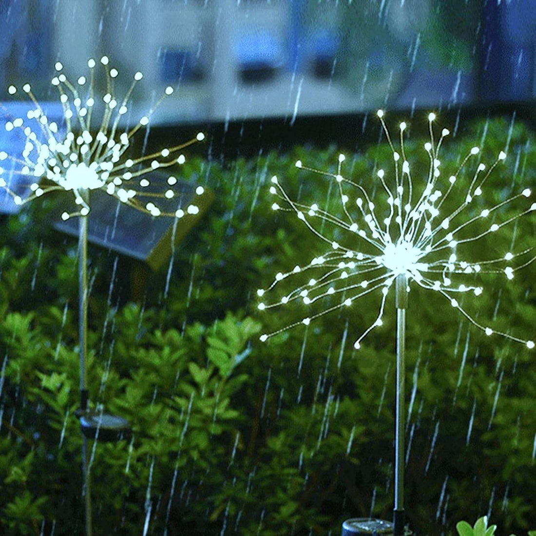 2-Pack Solar Garden Lights with 120 LED Firework Design, Decorative Stake String Lights for Outdoor Walkways, Patios, and Events (Cool White)