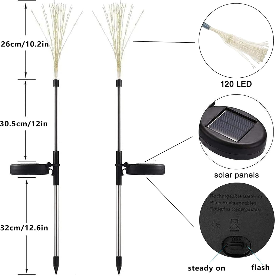 2-Pack Solar Garden Lights with 120 LED Firework Design, Decorative Stake String Lights for Outdoor Walkways, Patios, and Events (Cool White)