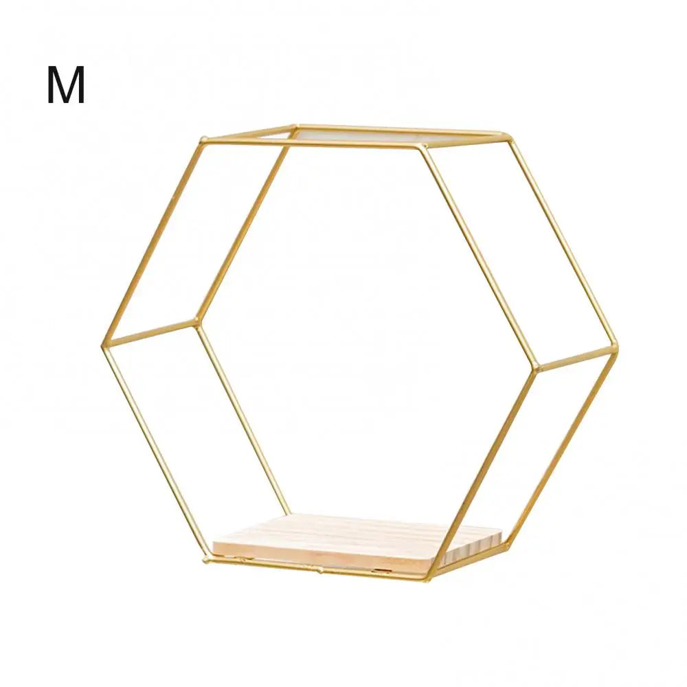 Wooden Board Metal Framed Storage Holder Rack Nordic Wall Mounted Floating Hexagon Shelf Geometric Frame Stand Rack Home Decor - Afford Today