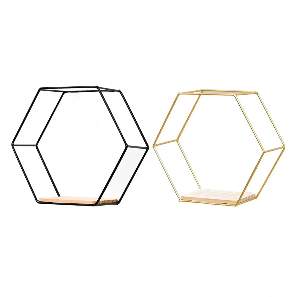 Wooden Board Metal Framed Storage Holder Rack Nordic Wall Mounted Floating Hexagon Shelf Geometric Frame Stand Rack Home Decor - Afford Today