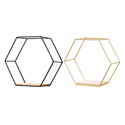 Wooden Board Metal Framed Storage Holder Rack Nordic Wall Mounted Floating Hexagon Shelf Geometric Frame Stand Rack Home Decor - Afford Today