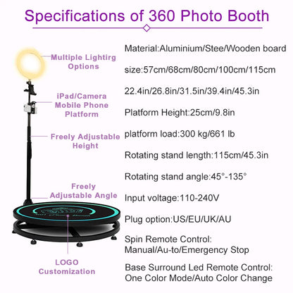 MWE360 Photo Booth  Insta 360 60cm App Control Machine 24inch  with RGB Ring Light Logo Free 360 Video Photo Booth Flight Case ﻿ - Afford Today