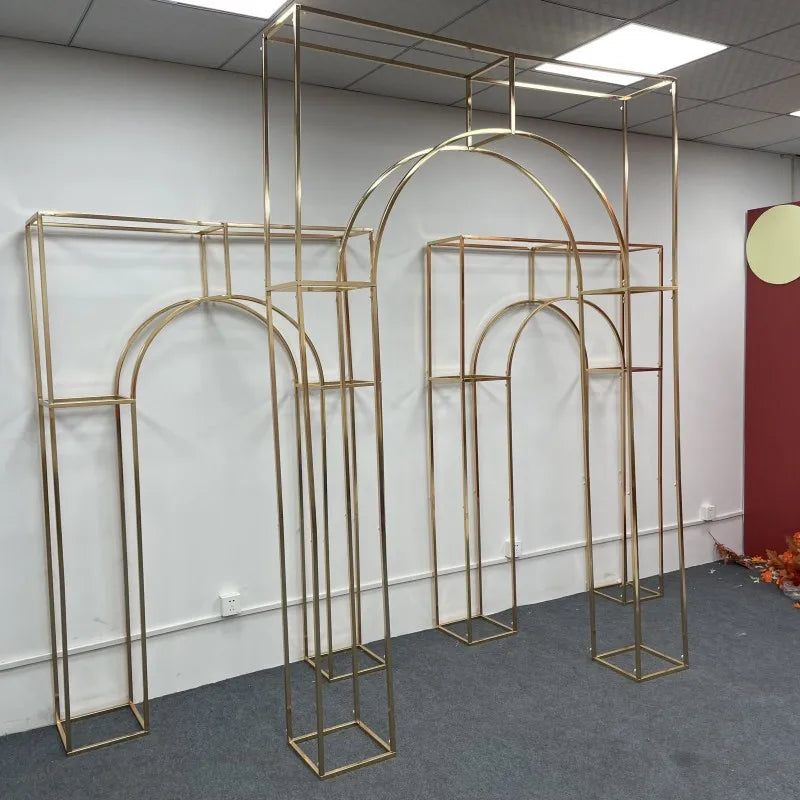 Shiny Gold Double Arch Artificial Flower Display Stand, Wedding Stage, Welcome Aisle, Door Backdrops, Birthday Balloons Rack - Afford Today