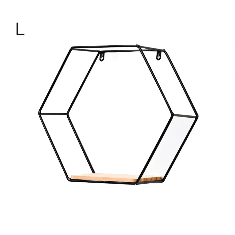 Wooden Board Metal Framed Storage Holder Rack Nordic Wall Mounted Floating Hexagon Shelf Geometric Frame Stand Rack Home Decor - Afford Today