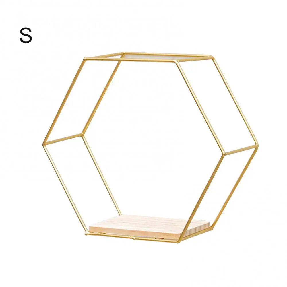 Wooden Board Metal Framed Storage Holder Rack Nordic Wall Mounted Floating Hexagon Shelf Geometric Frame Stand Rack Home Decor - Afford Today
