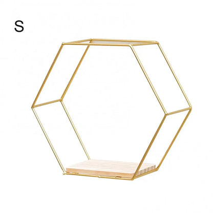Wooden Board Metal Framed Storage Holder Rack Nordic Wall Mounted Floating Hexagon Shelf Geometric Frame Stand Rack Home Decor - Afford Today