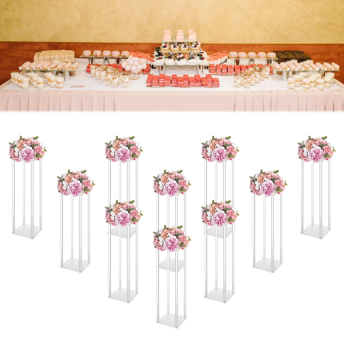10Pcs Acrylic Vase Wedding Flower Stands Set 23.6&quot;H Clear Column Rack Geometric Display Stand for Home Party Wedding Decor - Afford Today