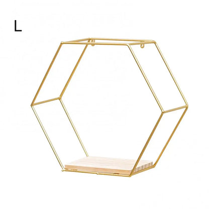 Wooden Board Metal Framed Storage Holder Rack Nordic Wall Mounted Floating Hexagon Shelf Geometric Frame Stand Rack Home Decor - Afford Today