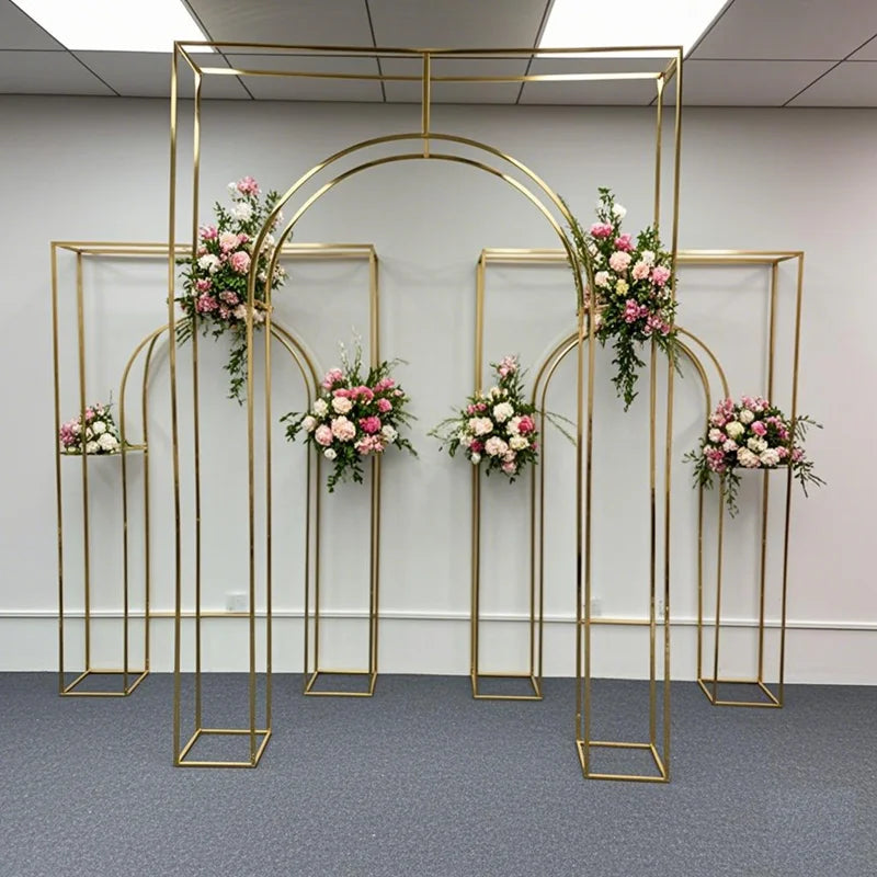 Shiny Gold Double Arch Artificial Flower Display Stand, Wedding Stage, Welcome Aisle, Door Backdrops, Birthday Balloons Rack - Afford Today