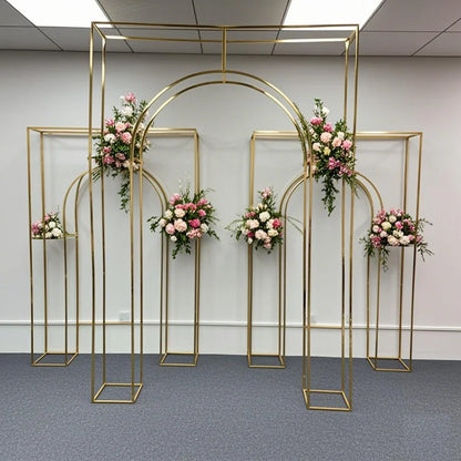 Shiny Gold Double Arch Artificial Flower Display Stand, Wedding Stage, Welcome Aisle, Door Backdrops, Birthday Balloons Rack - Afford Today